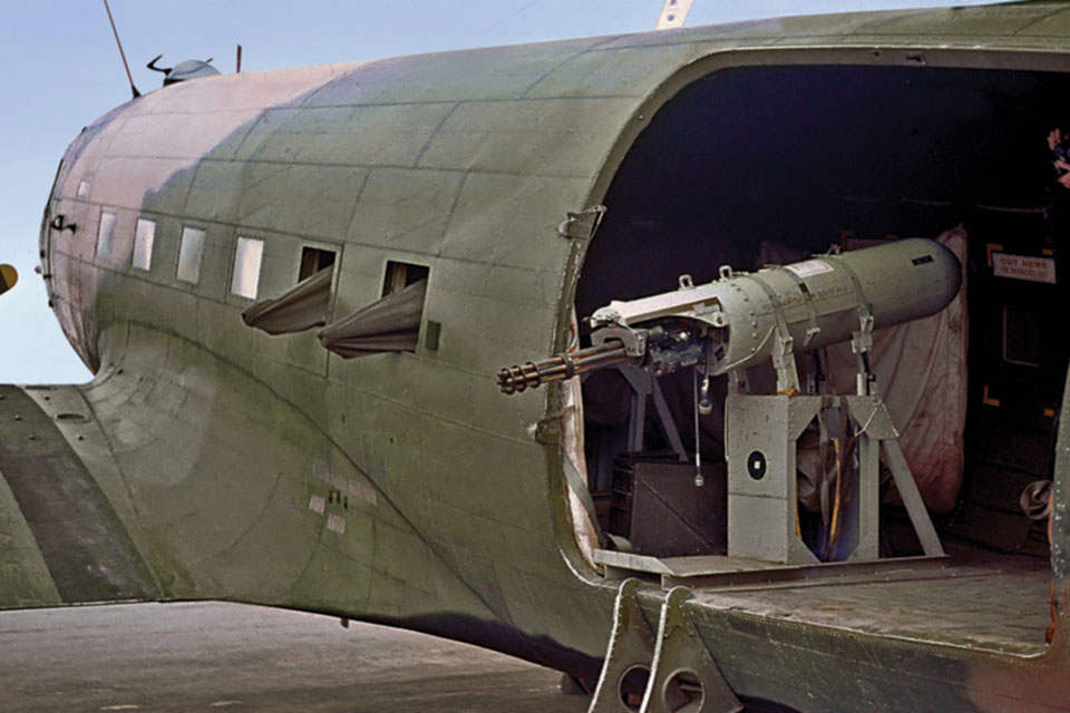 AC-47s mounted three General Electric GAU-2 (M134) miniguns that fired 2,000 7.62mm rounds per minute (downrated from 6,000 rpm) from six rotating barrels. The miniguns were mounted in SUU-11/A aircraft gun pods, each of which held 1,500 rounds. Pilots generally fired about five-second bursts. (Courtesy of Steve Birdsall)