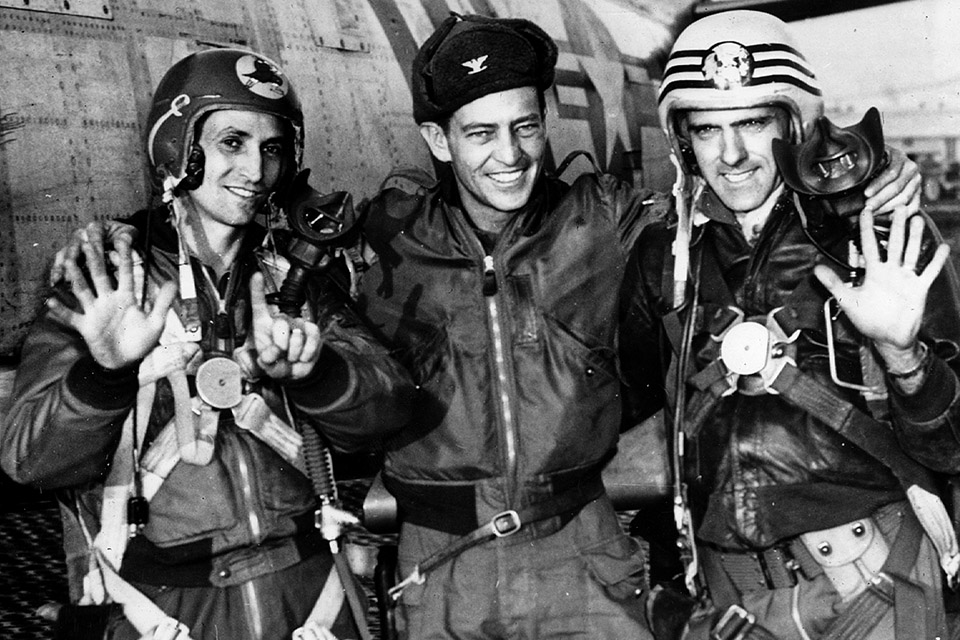 Three of the victors on November 30, 1951, pose for the camera. From left: Major George A. Davis, Colonel Benjamin S. Preston and Major Winton "Bones" Marshall. (U.S. Air Force)