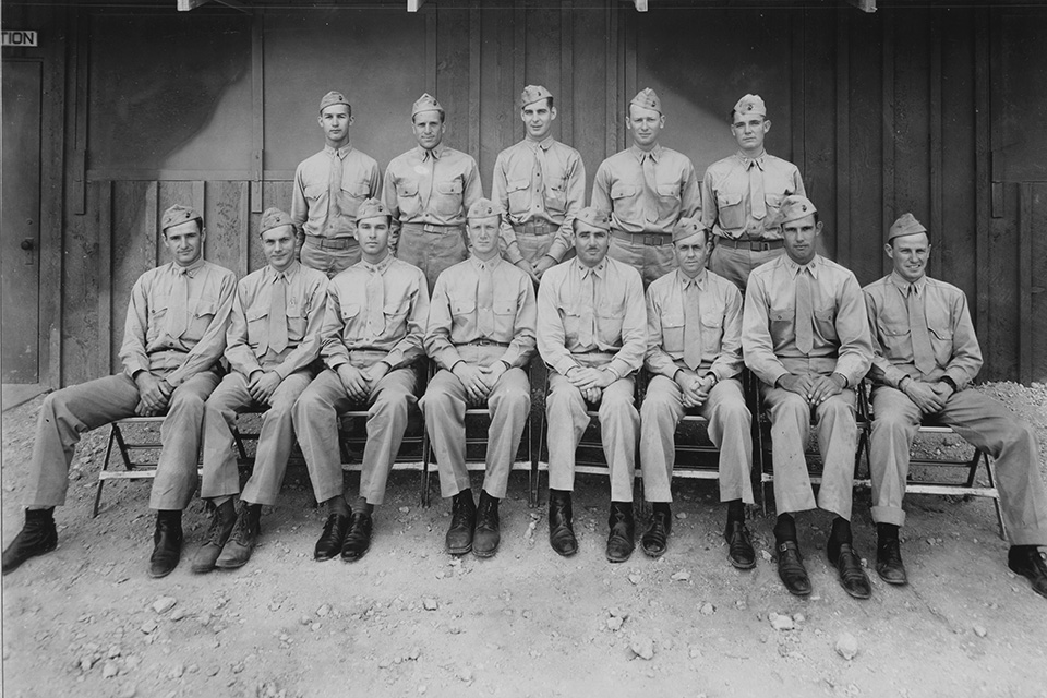Seated, from left: 2nd Lt. William V. Brooks, 2nd Lt. John C. Musselman Jr., Captain Philip R. White, Captain William C. Humberd, Captain Kirk Armistead, Captain Herbert T. Merrill, Captain Marion E. Carl and 2nd Lt. Clayton M. Canfield; standing, from left: unidentified, and 2nd Lts. Darrell D. Irwin, Hyde Phillips, Roy A. Corry Jr. and Charles M. Kunz. (National Archives)