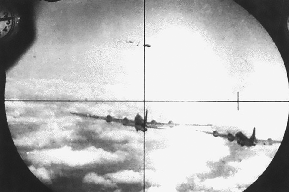 Two B-29s come under attack by Soviet-flown MiG-15s in April 1951. (U.S. Air Force)