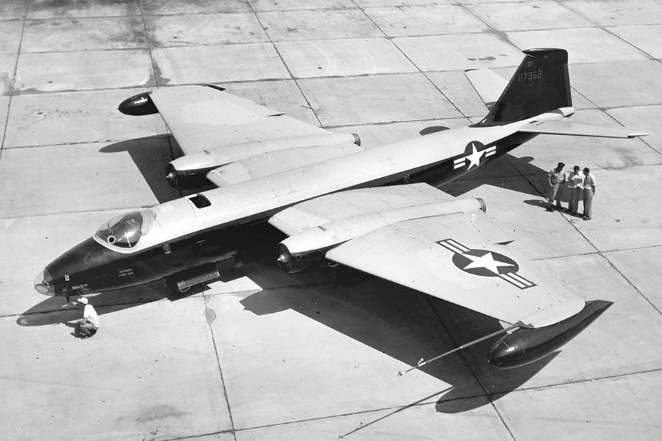 An overhead view of Mar­tin’s B-57A prototype for license production. WD932’s crash may have influenced Martin to switch to a tandem two-seat cockpit for its B-57B. (National Archives)