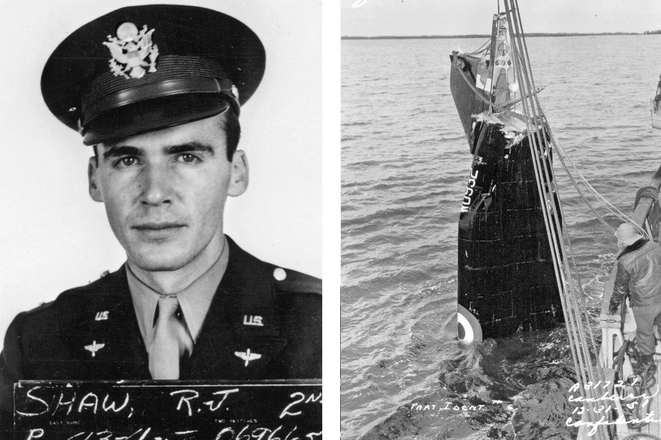 Reid Johns Shaw, WD932’s engineer-observer on its ill-fated December 21, 1951 flight, died after ejecting from the bomber. Right: The rear fuselage is hauled from Chesapeake Bay off the Delmarva Peninsula. (Left: Courtesy of Rich johns Matthies Right: National Archives)