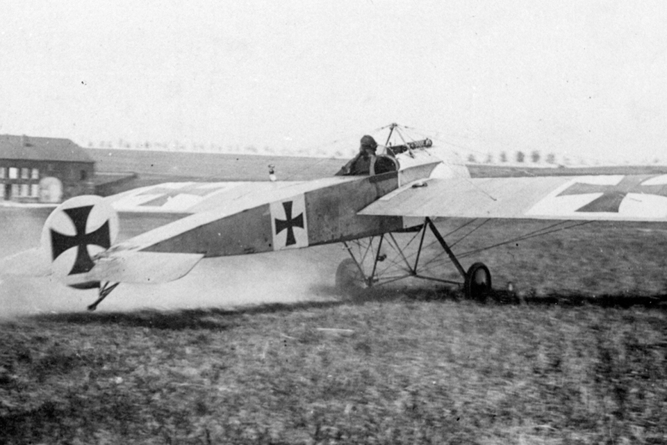 Armed with a single machine gun mounted on the cowling, Lieutenant Kurt Student taxis for takeoff in a Fokker E.III. Student scored three of his six aerial victories while piloting Eindeckers. (National Archives)