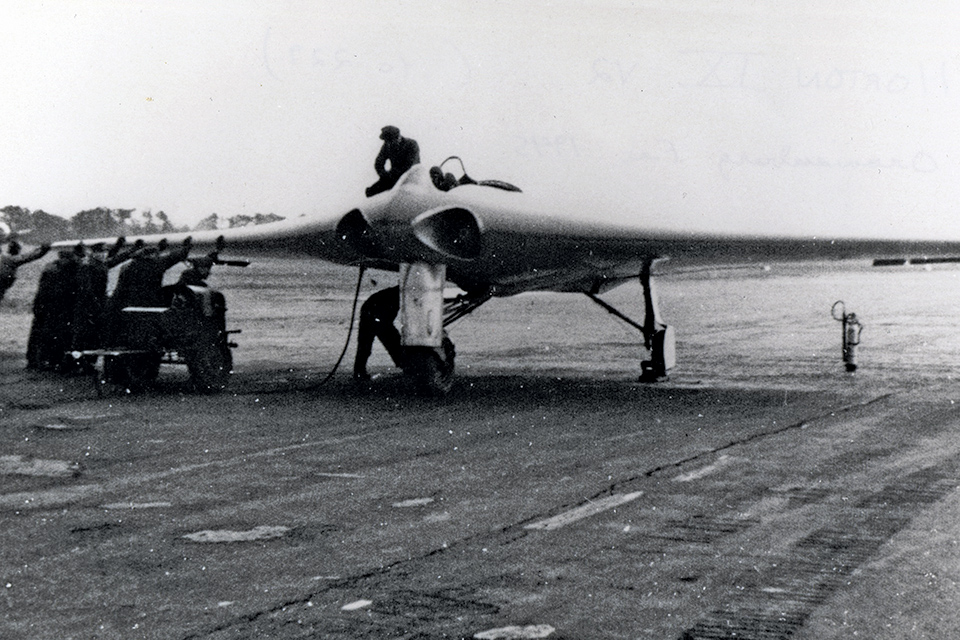 Test pilot Erwin Ziller starts the Ho IX V2’s engines at Oranienburg in February 1945. Ziller was killed when the V2 lost an engine and crashed during its third test flight. (National Air and Space Museum)