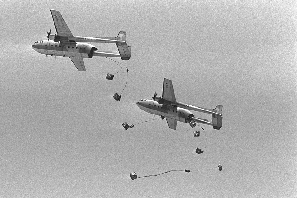 Noratlases from an Israeli transport squadron drop supplies. The Turboprop C-130 greatly increased Israel’s airlift capabilities. (Israeli Air Force)