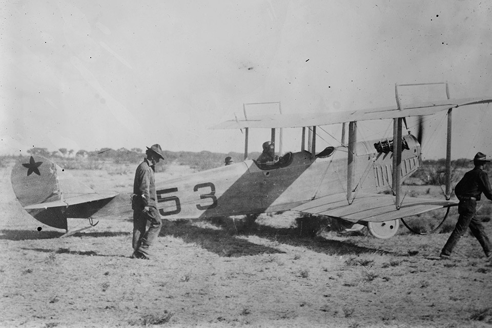 A JN-3 readies for takeoff near Casas Grandes, Mexico, during the punitive expedition against Pancho Villa. (Glenn H. Curtiss Museum)