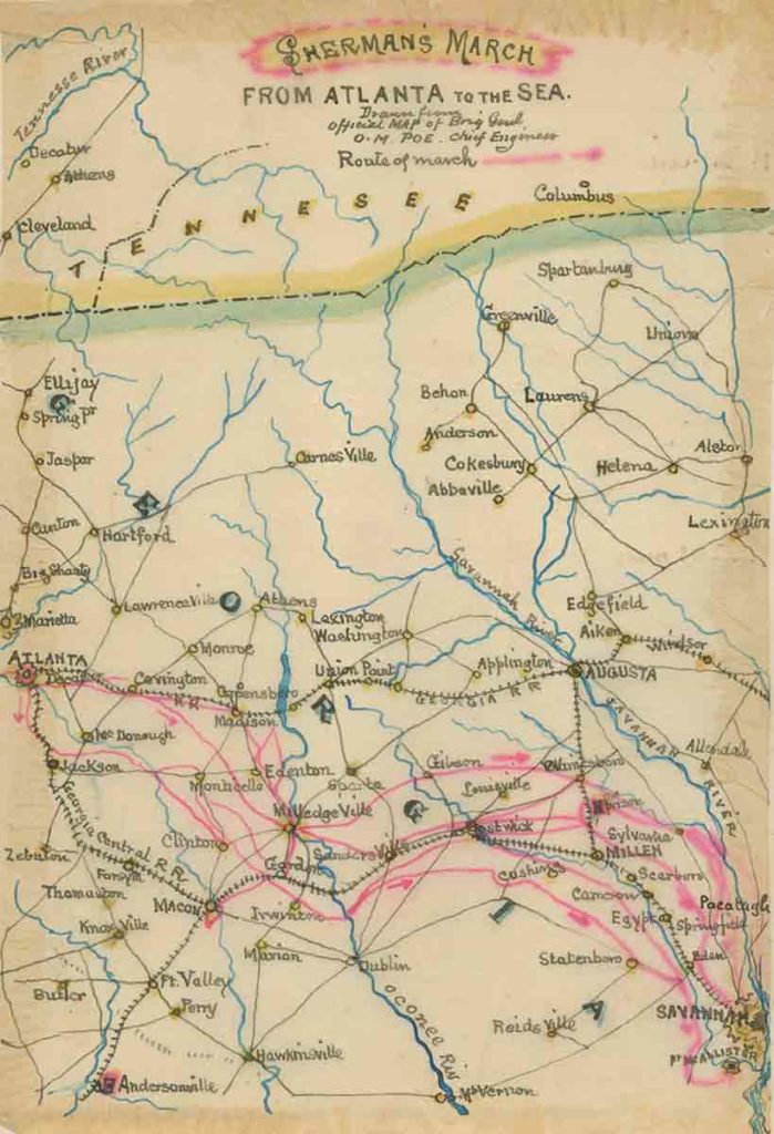 Missed Chance: Sherman’s chief engineer Brig. Gen. Orlando Poe drew this map of the March to the Sea. The three red lines indicate the routes the Federal armies took, well south of Augusta. (Library of Congress)
