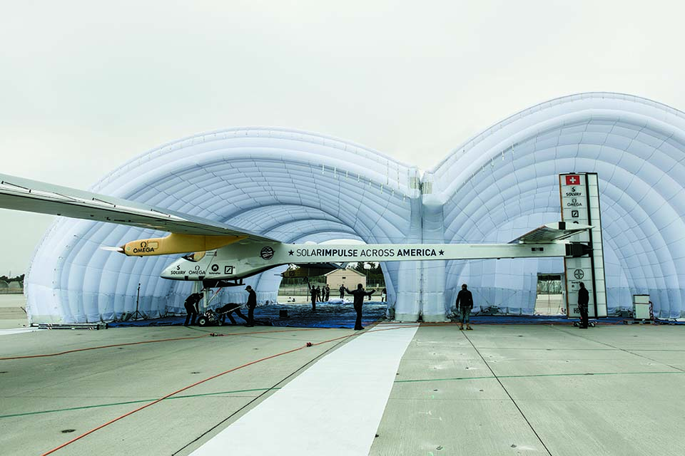 A special translucent portable hangar enabled Solar Impulse to recharge its batteries while protected from the elements. (Niel Ackerman/Rezo/Solar Impulse/Polaris)