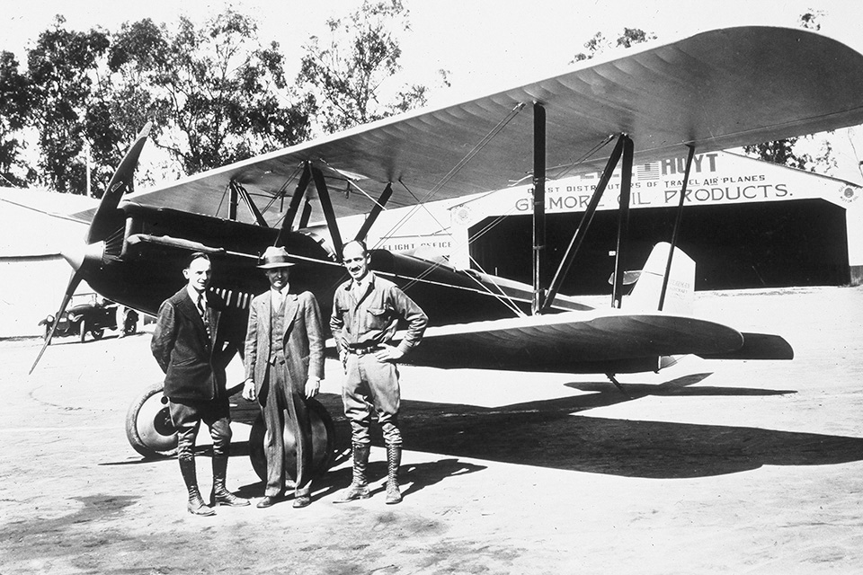 Stearman Aircraft Company founders George Lyle, Lloyd Stearman and Fred Hoyt pose with their first product, the C1 biplane, at Clover Field in Santa Monica, Calif., in 1927. (Special Collections and University Archives, Wichita State University Libraries)