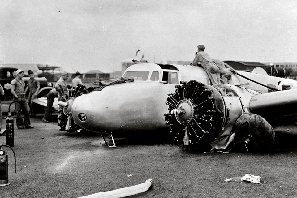 During her first round-the-world attempt in March 1937, the fuel heavy Lockheed Electra ground-looped during a take off from Luke Field, Hawaii. (National Women’s Air and Space Museum)