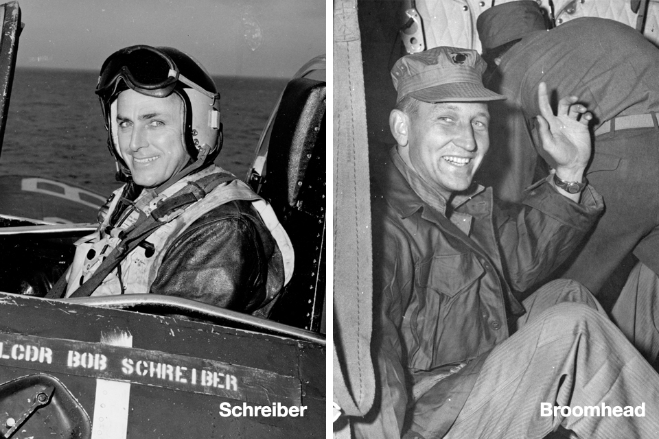 Lt. Cmdr. Robert Schreiber (left) led VF-194 against the bridges. Ensign Marv Broomhead, downed during the attack, waves from a helicopter after his repatriation at war’s end. (National Archives)
