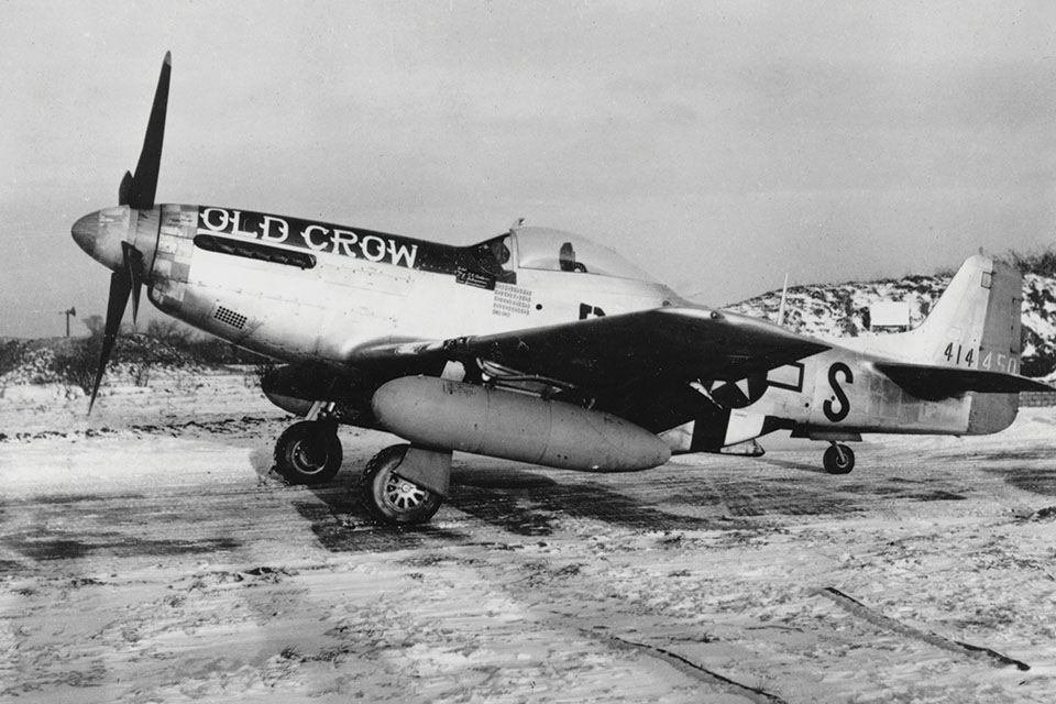 Originally camouflaged, Anderson's P-51D is shown here in bare metal with full scoreboard at the end of his second combat tour. (courtesy Jim Anderson)