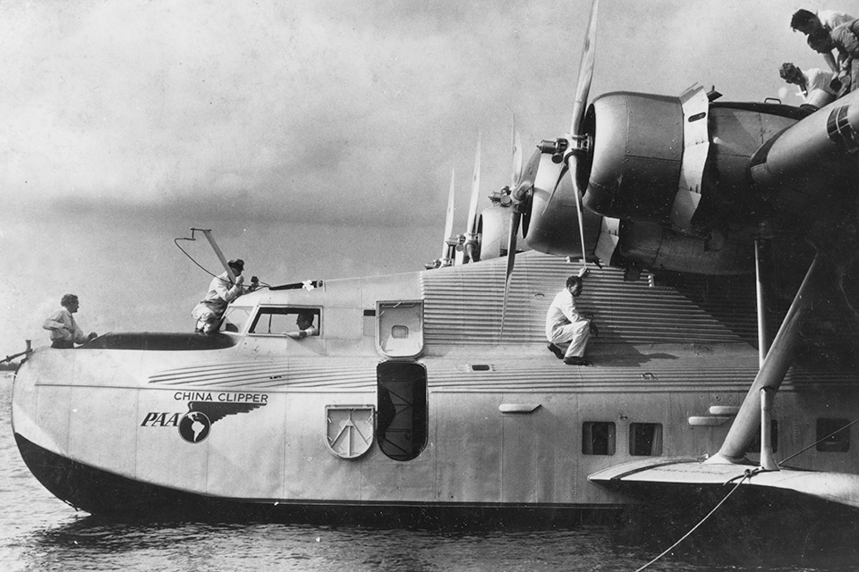 China Clipper, one of three Martin M-130s NATS used on the California-Hawaii leg of its transport runs, could barely top 125 mph. Zahner recalled, “If you encountered really strong headwinds, say 100 mph, you might be actually standing still!” (National Archives)