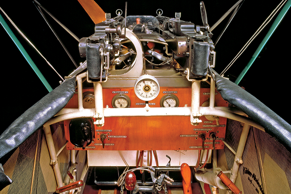 An inside look at the clean cockpit of the Fokker D.VII preserved at the National Air and Space Museum. (NASM)