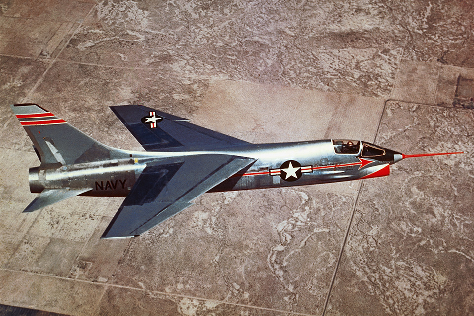 Even without optimum engine thrust available, test pilot John Konrad flew the XF8U to Mach 1.2 on its first flight on March 25, 1955. (Bettmann/Getty Images)