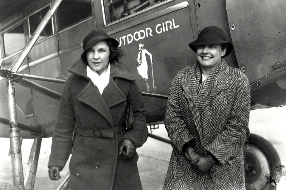 Frances Marsalis (left) and Helen Richey spent 237 hours in their Curtiss Thrush (Model 56) "Outdoor Girl,” Richey’s first record breaking flight. (Mckeesport Heritage Center)