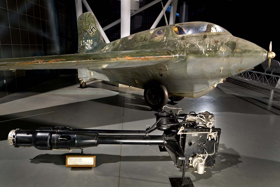 A surviving Me-163B-1 and its rocket engine are displayed at the National Air and Space Museum’s Udvar-Hazy Center. (National Air and Space Museum)