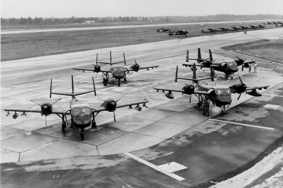 OV-1As rest on the hardstand at Fort Rucker, Ala., circa 1964. Six of these airplanes, designated JOV-1As, were evaluated in Vietnam. (U.S. Army)
