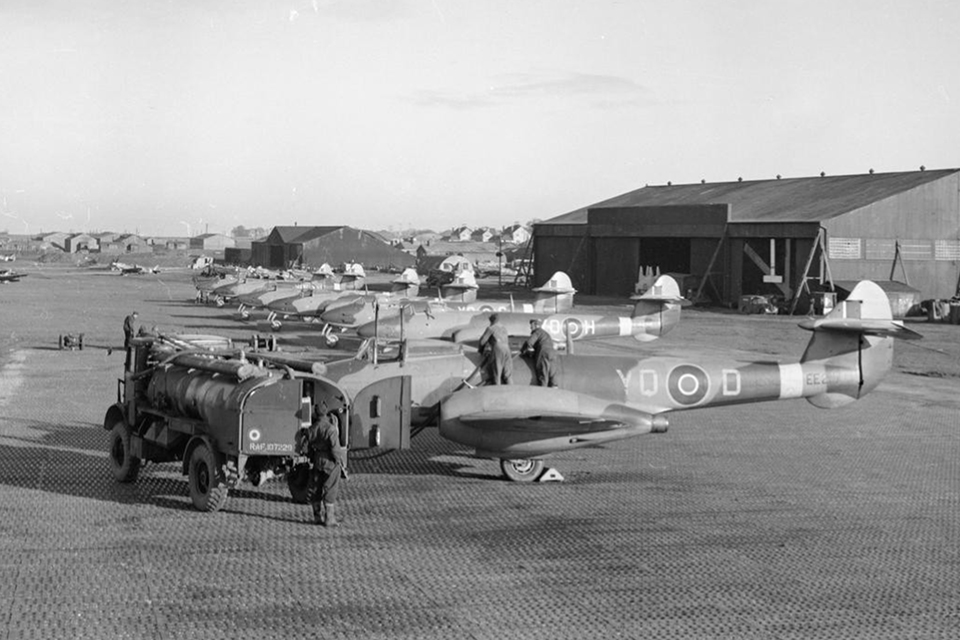 Meteor F.1s and newly delivered F.3s are refueled at Manston, in Kent, during January 1945. (IWM CL2921)