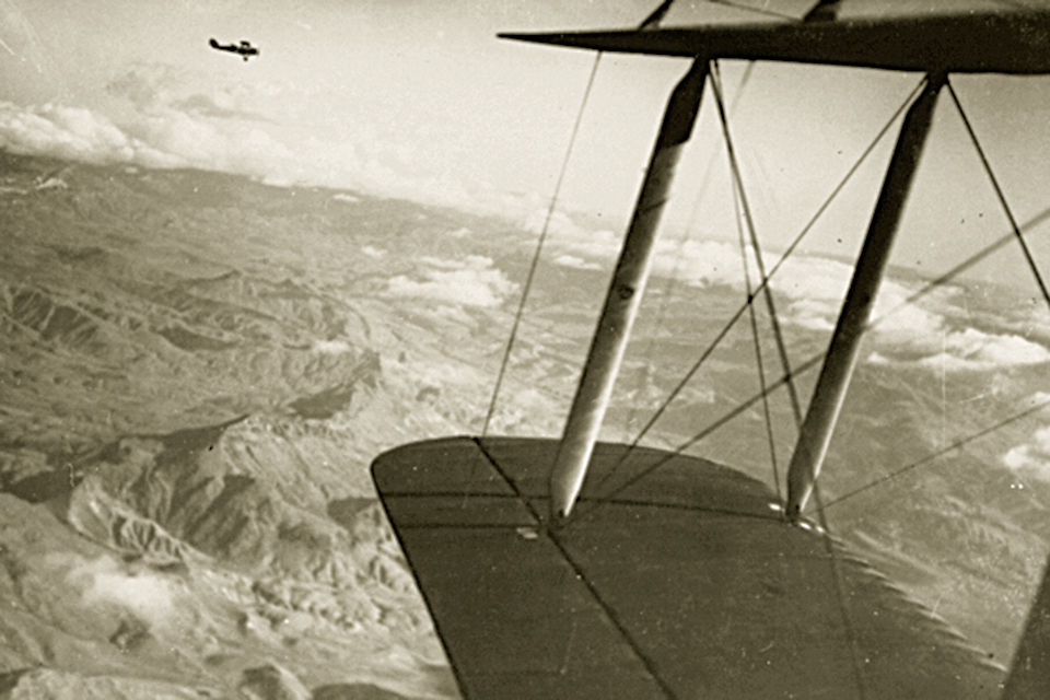 Two D.H.9s photograph uncharted mountainous terrain between Eil dur Elan and Jebel Serut. (RAF Museum, Hendon)