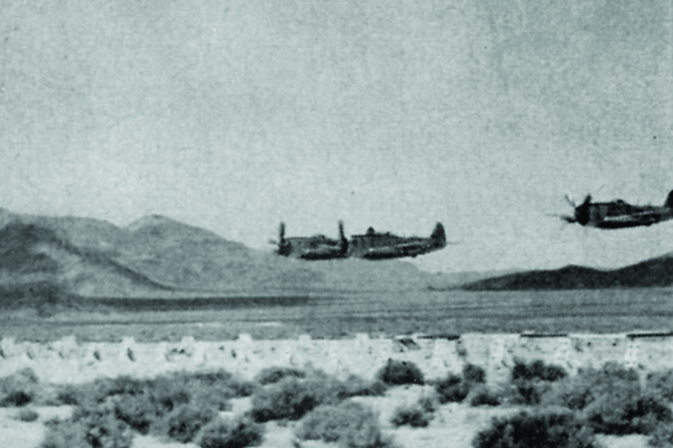 Republic F-47Ns make a low-level pass during the contest. Harry Stewart thought it was no coincidence that the two winning teams came from the Ninth Air Force: “It was a tactical air force, and we were constantly training.” (Air Force Association)