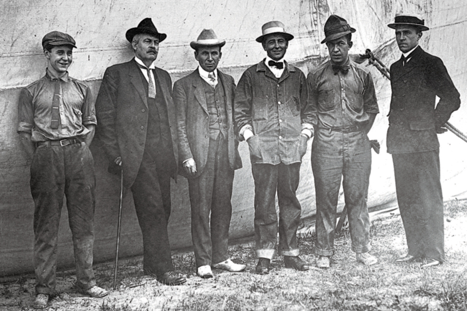 Wellman (second from left) with his crew: (from left) engineer John Aubert, chief engineer Melvin Vaniman, wireless operator Jack Erwin, engineer Louis Lord and pilot and navigator Murray Simon. (Courtesy Anthony Simon)