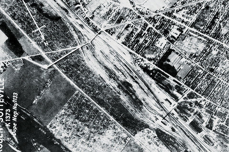 A post-strike photo shows the bomb damage to the Rouen-Sotteville rail yard after the August 17, 1942, mission. (National Archives)