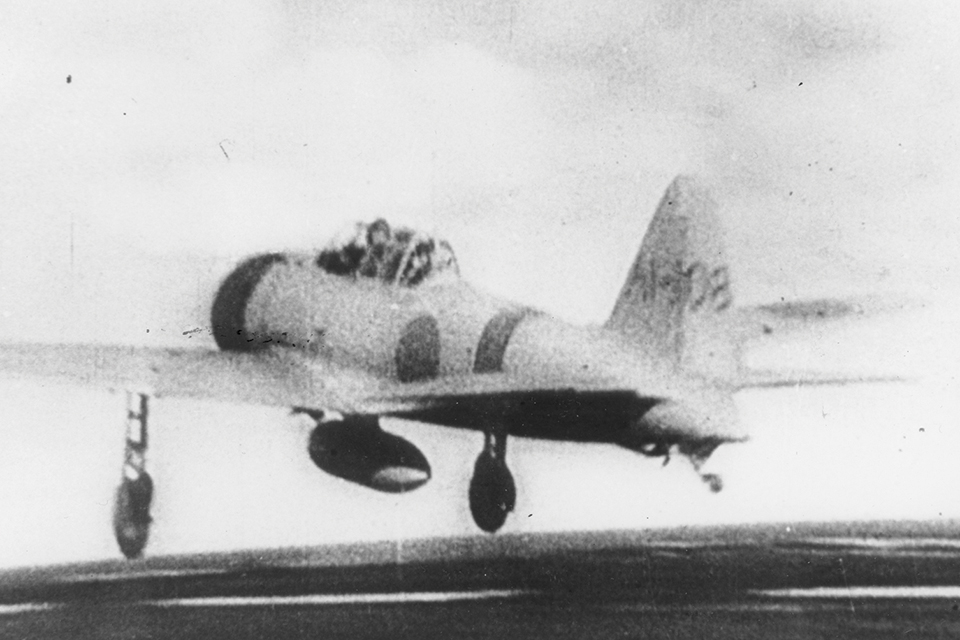 Petty Officer Second Class (PO2c) Sakae Mori, takes off from the carrier "Akagi" in an A6M2 to participate in the Pearl Harbor attack on December 7, 1941. (National Archives)