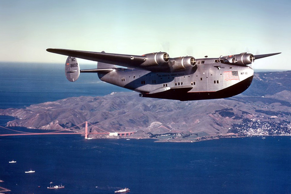 Pan American’s Boeing 314A "California Clipper" flies over San Francisco Bay in 1940. (Library of Congress)