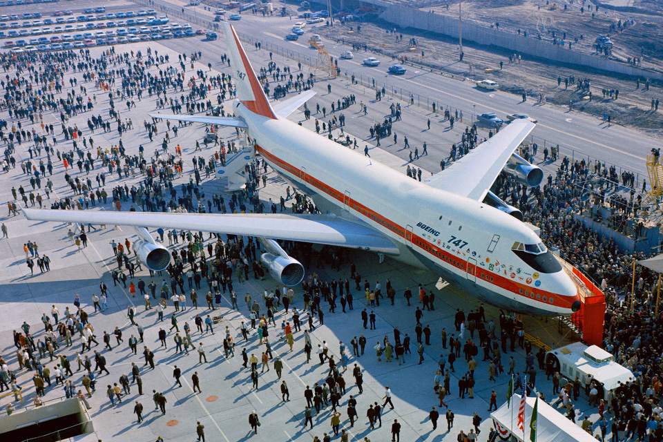 The first 747 is rolled out of the Boeing plant on September 30, 1968. (©Boeing)
