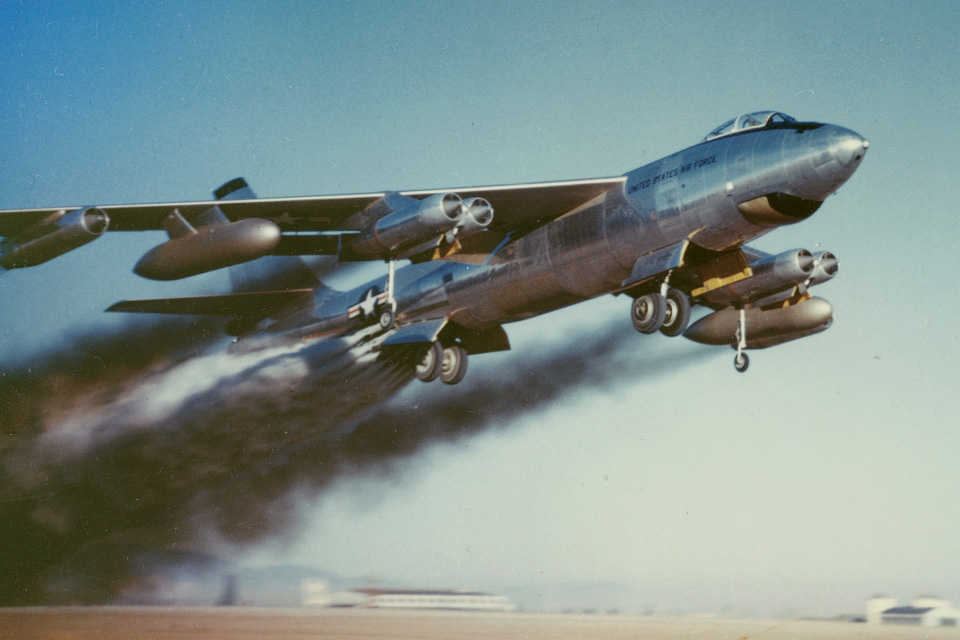 The B-47, here making a rocket-assisted takeoff, was quickly eclipsed by the bigger B-52. (U.S. Air Force)