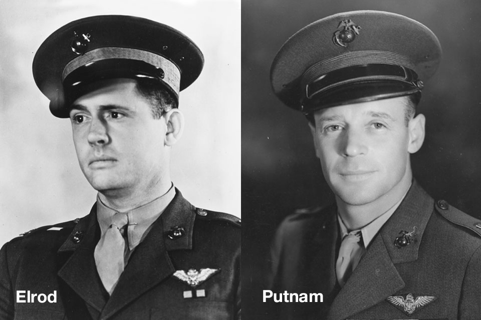 Putnam (right) led his Marines to Wake Island, where his leadership and their courage would be tested. Wildcat pilot Henry T. Elrod (left) shot down two aircraft, sank a destroyer and kept ferociously fighting on foot. He became the first Marine airman to be awarded the Medal of Honor (U.S. Marine Corps)