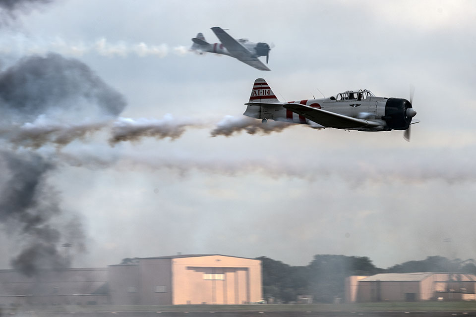 The Commemorative Air Force’s replica Zeros never fail to impress with their “Tora, Tora, Tora!” mock Pearl Harbor attack. (U.S. Air Force)