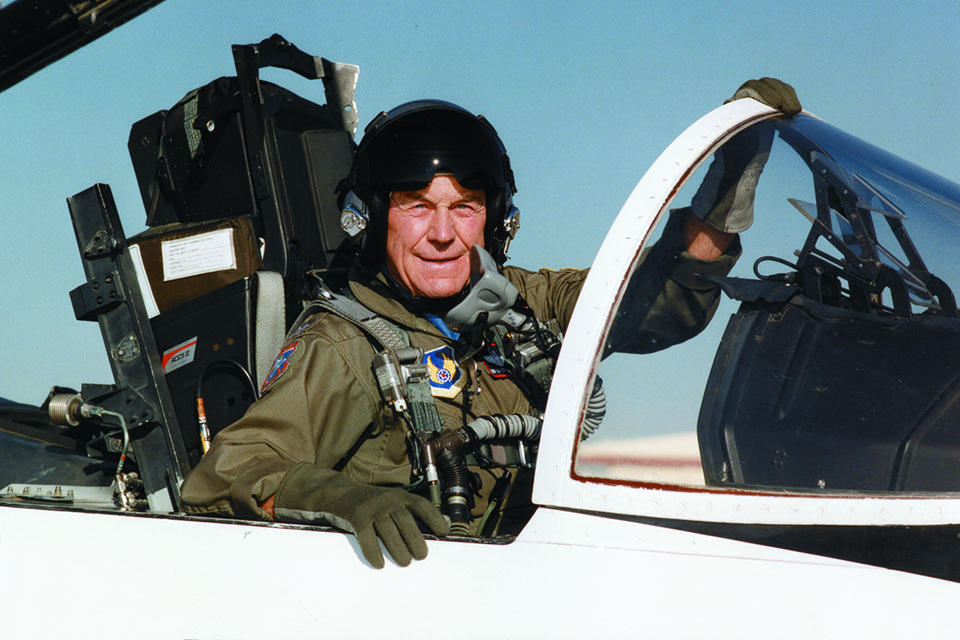 The 74-year-old pilot gets ready to go supersonic in an F-15 50 years later, October 14, 1997. (Edwards Air Force Base)