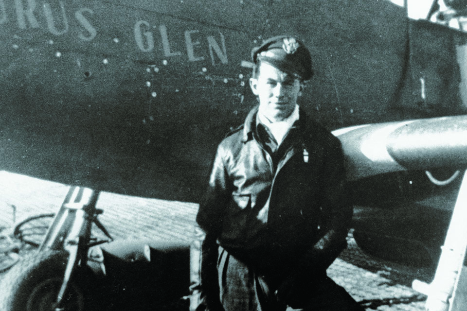 Flight Officer Yeager poses with his P-51B. He scored his first victory in this Mustang on March 4, 1944, but was shot down in it the following day. (Edwards Air Force Base)