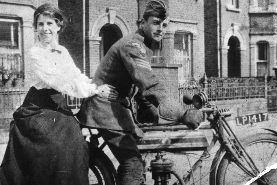 Sergeant McCudden rides a motorcycle with his sister Mary while on leave in London. He would soon return to the front, this time as an aviator. (Alex Revell)