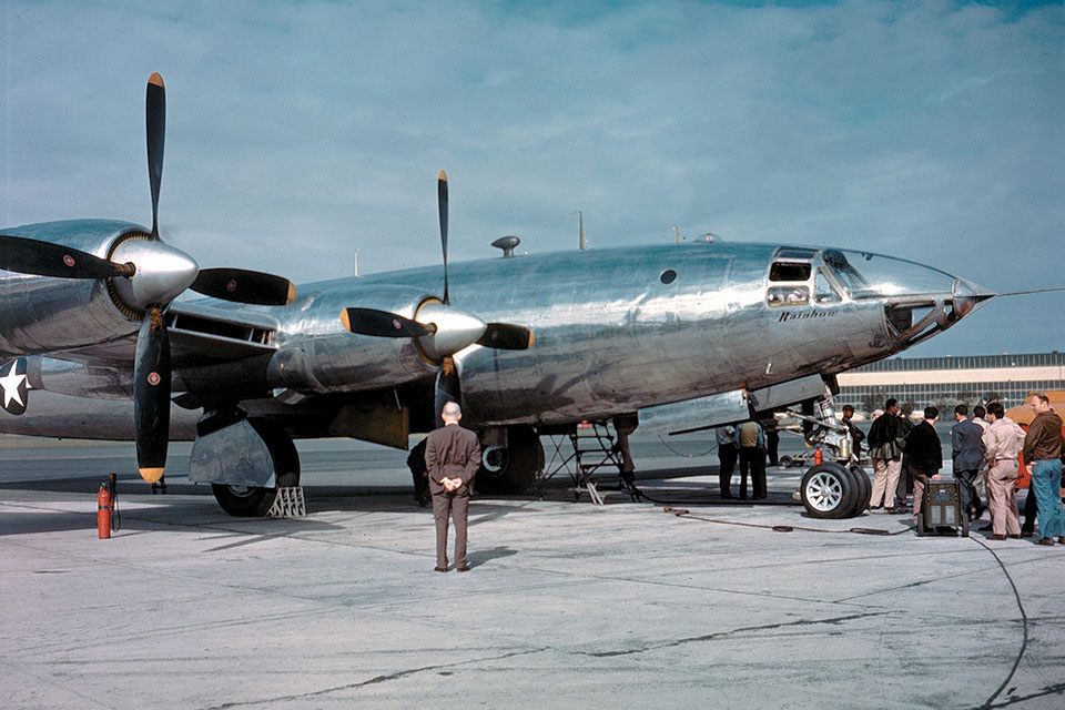 A rare color photo shows the first XF-12 parked near Republic's manufacturing facility. (Warren M. Bodie Collection)