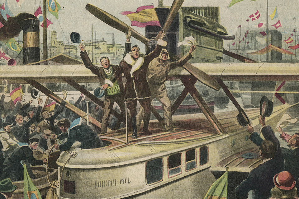“Plus Ultra” arrives in Rio de Janeiro to a tumultuous welcome, in an illustration from an Italian journal. (Chronicle/Alamy)