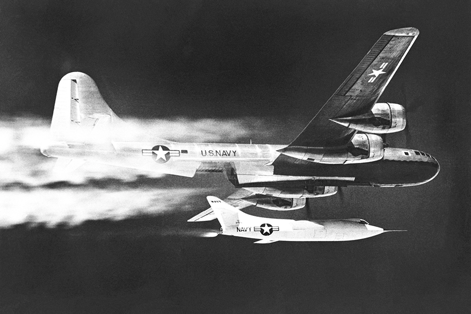 Douglas’ D-558-2 was launched from the bomb bay of a Boeing P2B-1S (Navy B-29) during test flights that would exceed Mach 2. (NASA)