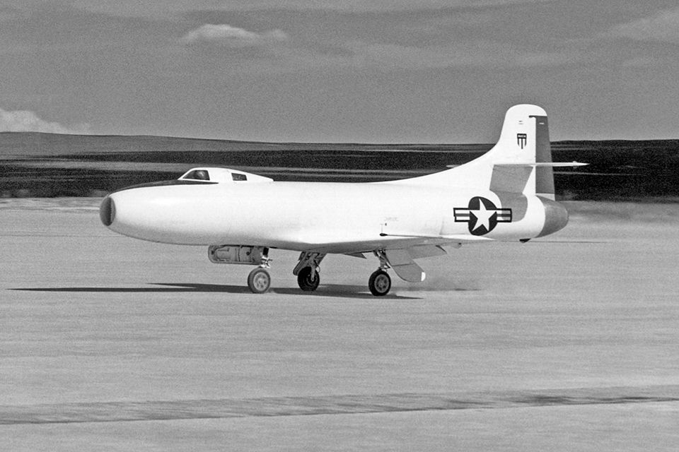 The Douglas D-558-1 took a more conservative approach to supersonic flight research with its thicker wing section, turbojet engine and landing gear. (National Archives)