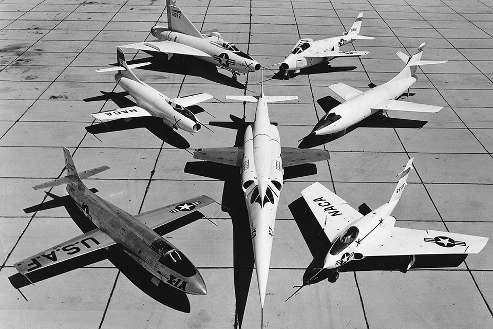 The Douglas X-3 Stiletto is flanked by (clockwise, from left) the Bell X-1A, D-558-1, XF-92, X-5, D-558-2 and Northrop X-4 Bantam. (NASA)