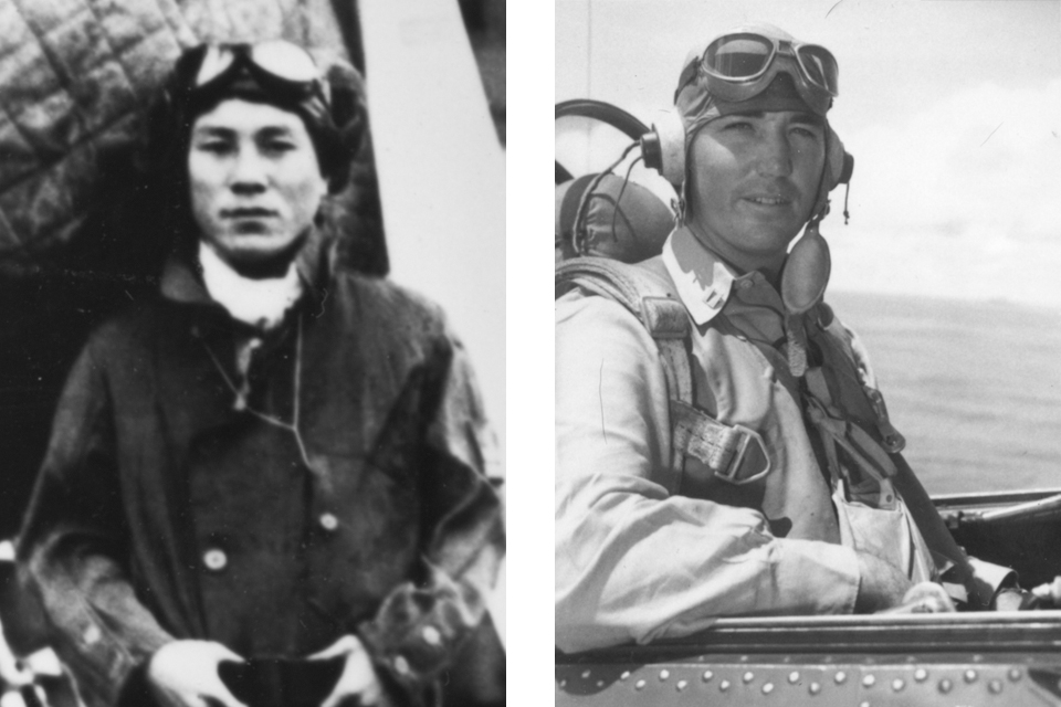 Lieutenant Zenji Abe (left) poses on Akagi in 1941. Lt. Cmdr. James Ramage (right) led VB-10. (Left: Courtesy of John W. Lambert; Right: Courtesy of Barrett Tillman)