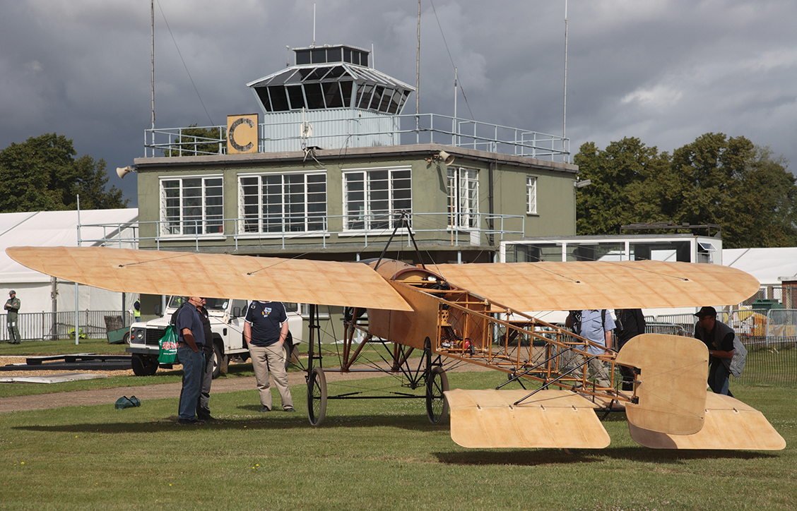 At the start of WWI, the Royal Flying Corps operated many Blériot XIs like this replica parked near Duxford’s historic control tower. (Andreas Zeitler)