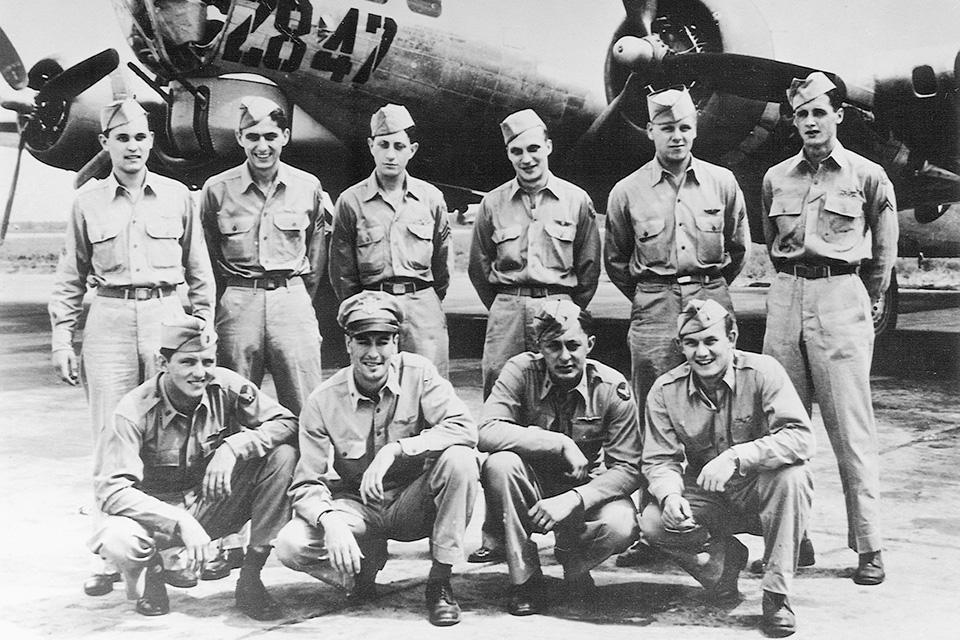 The crew of "Lassie Come Home," of the 324th Squadron, 91st Bomb Group, including pilot, 2nd Lt. Leonard F. Figie (kneeling at left). Figie and three others would end up POWs, while another three would be killed. (Donald F. Dixon Via Lowell Getz)