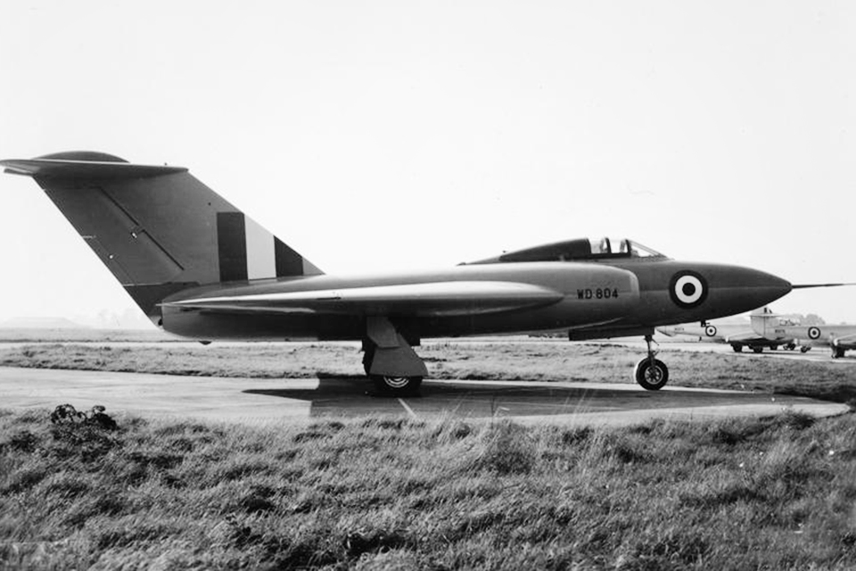 The Javelin prototype WD804, photographed in 1952, featured straight-wing leading edges and a nose-mounted probe. It was destroyed during its 99th test flight. (IWM ATP 21743C)