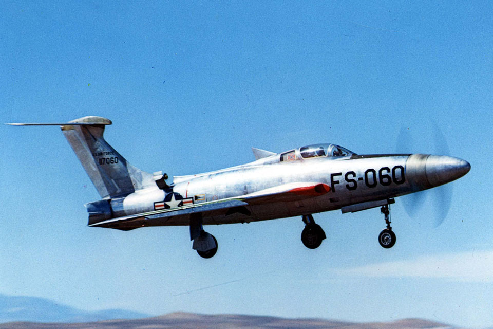 The second of the two converted F-84Fs, this “Thunderscreech” made only four flights before the program ended. (U.S. Air Force)