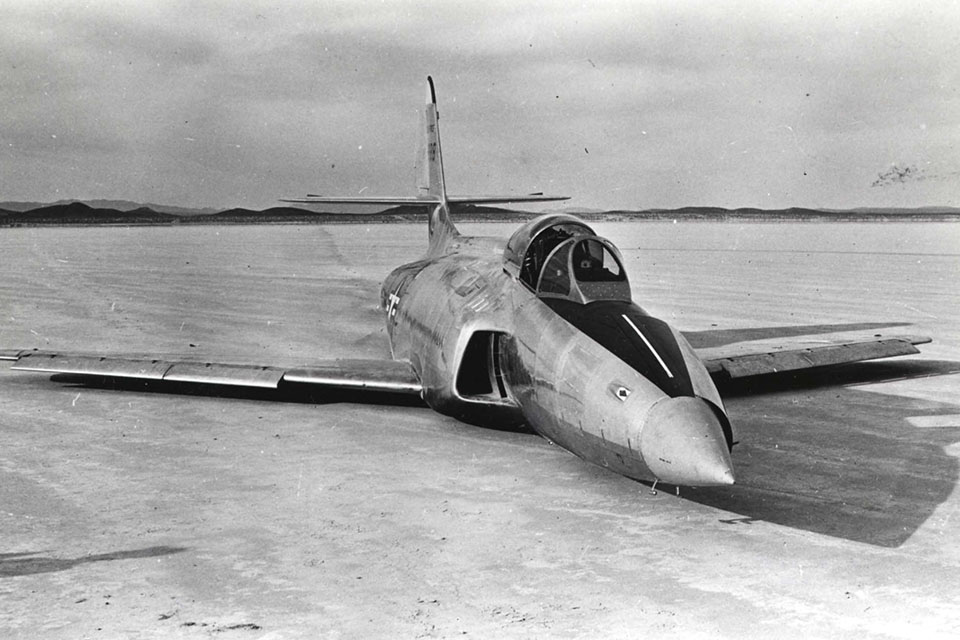 After an emergency belly landing ended the flying career of the second prototype, it was sent to the Nevada desert where it survived nuclear bomb tests. The National Museum of the U.S. Air Force collected the remains in 2003 and brought them to the museum for a future restoration. (National Archives)