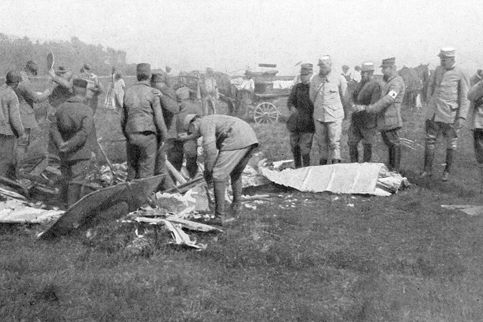 Wreckage of the plane in which Pegoud was killed in action, August 31, 1915. (Photo12/Universal Images Group via Getty Images)