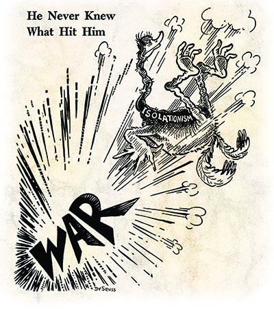 The Japanese attack on Pearl Harbor put a swift end to the isolationist cause—as dramatized on December 8, 1941, by prointerventionist cartoonist Ted Geisel, aka “Dr. Seuss.” (Granger Collection, New York)