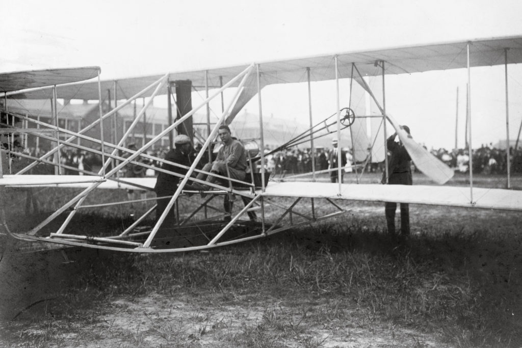Lt. Thomas Selfridge and Orville Wright stepping into the Wright aeroplane at Ft. Myer, Va. on a fateful September day in 1908. (Courtesy of the Glenn H. Curtiss Museum, Hammondsport, NY)
